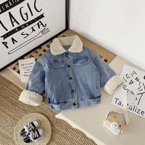 Winter New Korean Style Childrens Lamb Wool Thickened Casual Denim Jacket Toddler Casual Fashion Top Warm Coats Baby Outwear