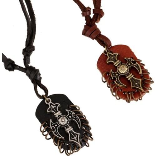 Gothic Punk Rock Men Long Necklace Metal Cross Pendant Retro Black Brown Leather Chain Vintage Charm Fashion Unisex Jewelry Gift