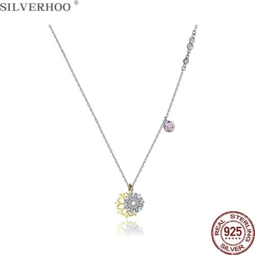 SILVERHOO 925 Sterling Silver Necklaces For Women Romantic Snowflake Pink Cubic Zirconia Pendant Necklace Charms Fine Jewelry
