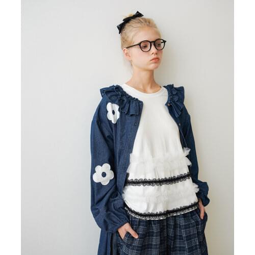 Imakokoni original womens design flower long denim jacket Japanese wild simple autumn and winter new