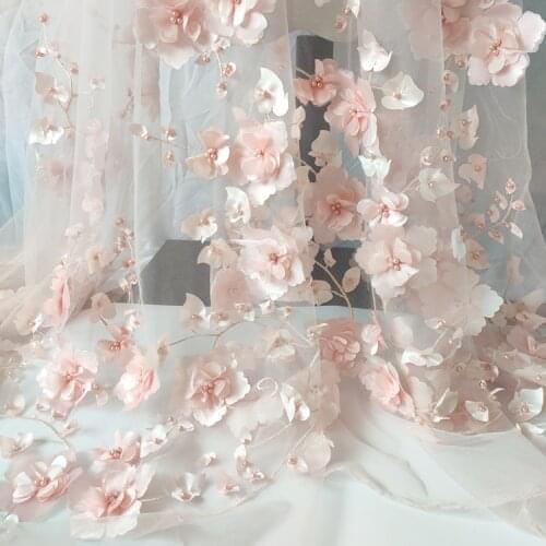 Quality gauze fabric Meat pink 3D multi-layer three-dimensional embroidery beads material High grade wedding dress fabrics