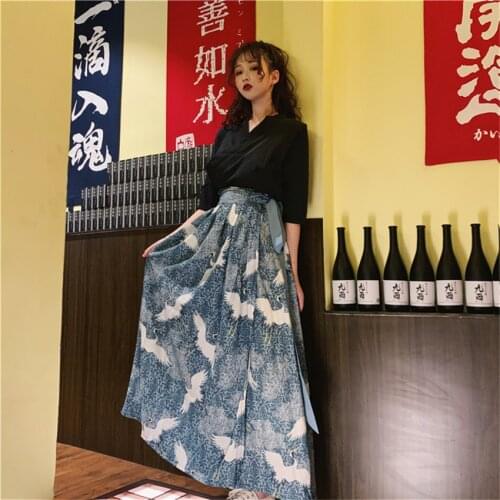 Kimono Women Dress Haori Japanese Style Crane Top Skirts Suit Samurai Yukata Japan Dance Kawaii Girls Sakura Asian Clothes Party
