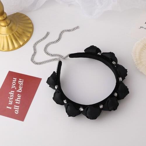 LOVOACC Elegant Rose Petal Hair Band for Women Bridal Black Cloth Rhinestone Flowers Long Tassel Hair Hoop Accessories Headwear