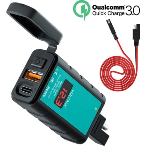 Motorcycle USB Type-C Quick Charge 3.0 Car Charger Socket Waterproof 12V/24V With Voltmeter 1 Meter Double SAE Socket Cable