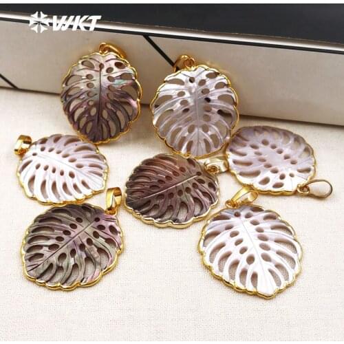 WT-P1346 New Arrival Leaf Shape Natural Shell Pendants for Women Necklaces Electroplate Charms Jewelry Making