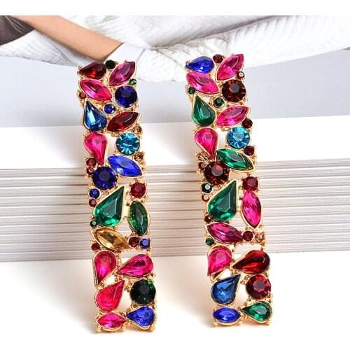New Rectangle Metal Colorful Rhinestone Long Drop Earrings Studded Full Crystals Fine Jewelry Accessories For Women Wholesale