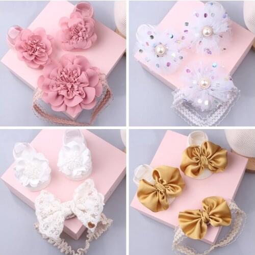 2 Pcs/Set Cute Baby Girl Headband Floor Socks Set Lace Flower Bows Newborn Headbands Girls Hairband Turban Turbantes Para Bebes