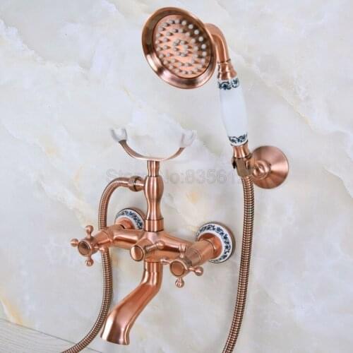 Antique Red Copper Bathtub Faucets Telephone Style Tub Mixer Taps Dual Handle Bathroom Bath Shower Faucet with Handshower tna362