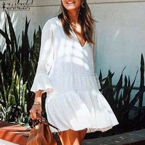 Stylish Womens Summer Sundress Lace Dress ZANZEA 2021 Flare Sleeve Short Vestidos Female Casual Lace Crochet Robe Plus Size