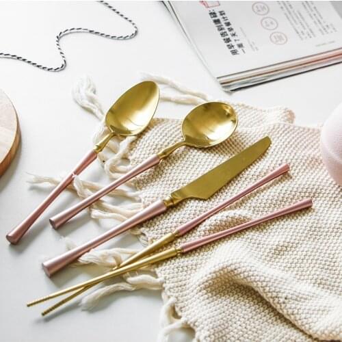 Pink gold stainless steel cutlery knife dinner knife and fork spoon cutlery set kitchen accessories with pink lunch box portable