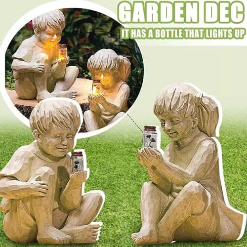 LED Children Statue Decorative Solar Lighted Resin Sculpture Boy Girl Sculpture Garden Decoration for Decorating
