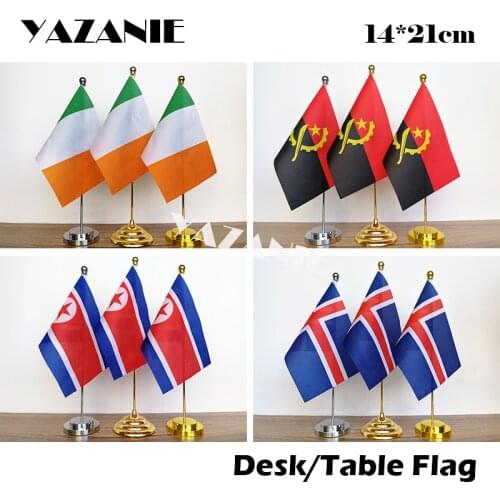 YAZANIE 14*21cm Ireland Angola Table Desk Flag with Metal Base & Pole North Korea World Country Hand Flags Iceland Table Holder