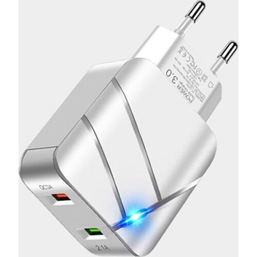 QC3.0 28W Fast Charging Head Mobile Phone Charger 28w Dual USB European Standard Fast Charging Charger with Lamp