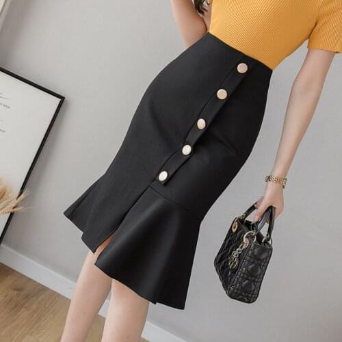 Women Skirts Button Mid-Calf Empire Pencil Office Lady Womens Plus Size Skirts Solid Cotton 2020 New Summer Women Elegant Skirts