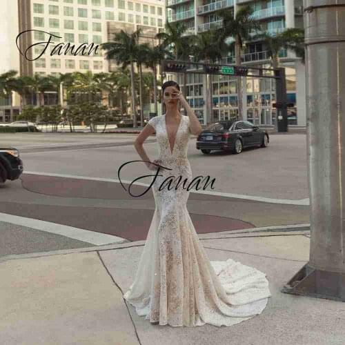 Deep V-Neck Short Sleeve Mermaid Wedding Dresses Backless Lace Appliques Glittery Bridal Gown robe de soirée de mariage платье