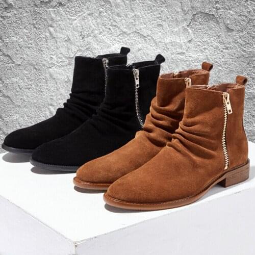 Winter Genuine Leather Warm Suede Boots British Chelsea Boots Fashion Ankle Zip Boots High Boots Work Shoes Bota Masculina