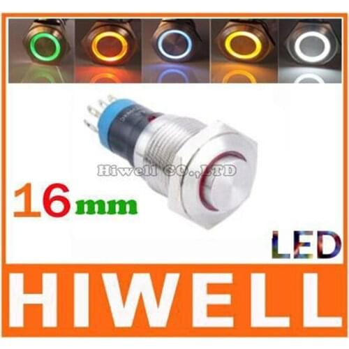 16MM latching stainless steel LED ring illuminated pushbutton switch 1NO1NC High round waterproof IP67
