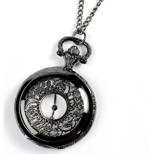 8005Flower Hollow Black Dress Pocket Watch Classic Arabic NumeralsDial Perspective Unisex Pedant Reloj Fashion Quartz Fob Watch