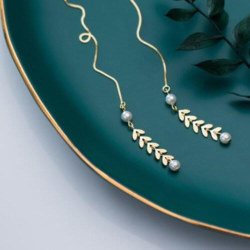 Authentic Real 100% 925 Sterling Silver fine Jewelry White/ Golds wheat &Shell Pearl Tassel dangle Earrings gtle2861