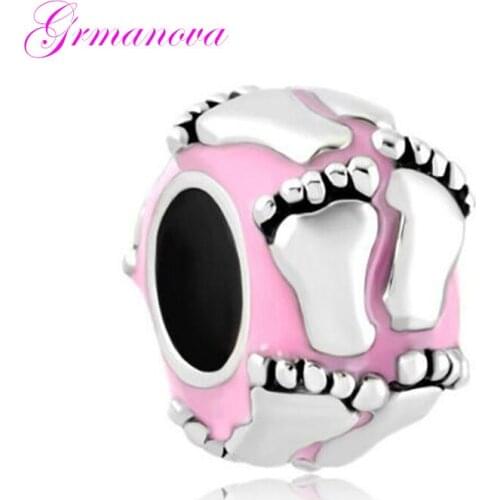 Pink childrens footprints charm beads handmade DIY jewelry making accessories amulet Fit Pandora Bracelet Necklace