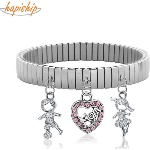 Hapiship 2021 Fashion 9mm Width Stainless Steel Heart Mom Flower Pendant Elastic Fashion Bracelet For Women Men Jewelry G157