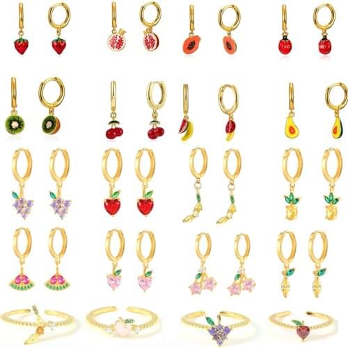 CANNER 2021 Trend Fruit Design Enamel Pendants Hoop Earrings for Women Charming Jewelry DIY Cherry Strawberry CZ Zircon Huggie