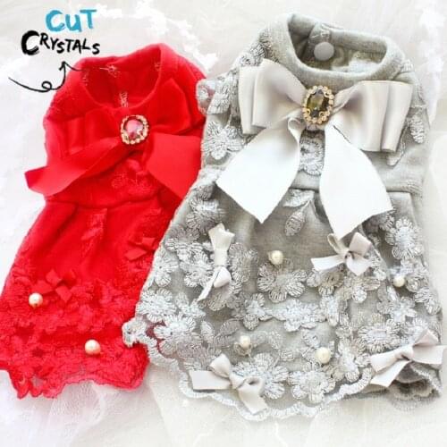 Free Shipping Luxurious Handmade Dog Clothes Blingbling Gemstone Flower Water Soluble Lace Princess Dog Dress Cat Pet Outerwear