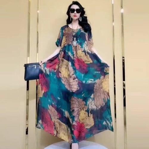 2021 New Chinese Style Summer Women Fake Two Printed Dresses Plus Size 4xl Straight Fashion Mother Wear Loose Casual Dress