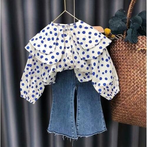 New Fashion Girls Clothing Sets Cotton Children Tops Denim pants 2 pcs Kids Round Neck Polka Dot Suits Baby Casual Outfit