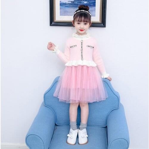 Autumn and Winter Yellow Sweater for Childrens Purple Little Baby Princess Dress for Girls Pink Luxury Dress for Kids