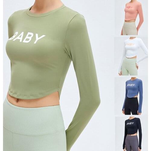 Autumn Running Crop Tops Women Letter Print Sports Shirts Yoga Long Sleeve Thumb Hole Fitness Seamless Elastic Tight Workout Top