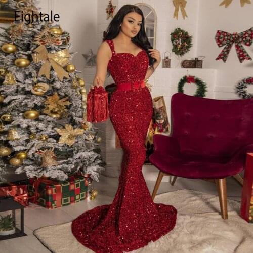 Eightale Arabic Evening Dresse 2021 Spaghetti Strap Mermaid Sequined Prom Gown Sashes Celebrity Wedding Party Dress