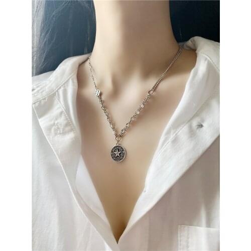 Round tag pendant necklace with five-star retro fashion sweater chain short necklace autumn winter cold style for female