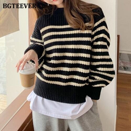 BGTEEVER Casual Warm Loose O-neck Women Striped Sweaters Jumpers 2021 Autumn Chic Full Sleeve Female Knitted Pullovers