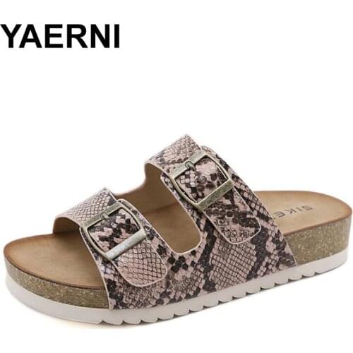 YAERNI Womens Summer Beach Slippers Serpentine Double Buckle Non-slip Cork Slides Female Flip Flops Ladies Sandals Home Shoes