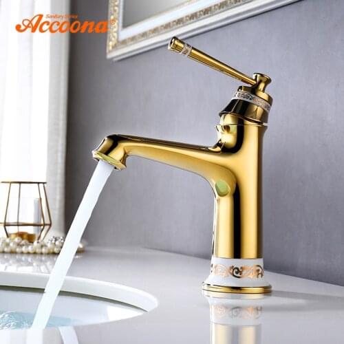 Accoona Bathroom Basin Faucet Single Handle For Hot And Cold Water European Style Bath Gold Ceramic Basin Faucets A96105W