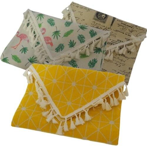 Printed Modern Lemon yellow With Tassel Cotton Linen Fabric Table Top Decor Home Table Runner For Home Wedding Christmas Party