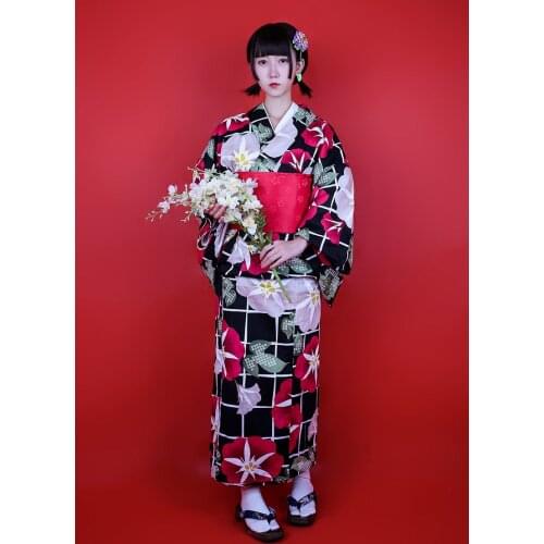 Traditional Japanese Floral Kimono with Obi Womens Cotton Bath Robe Yukata Female Vintage Cosplay Costume Evening Dress
