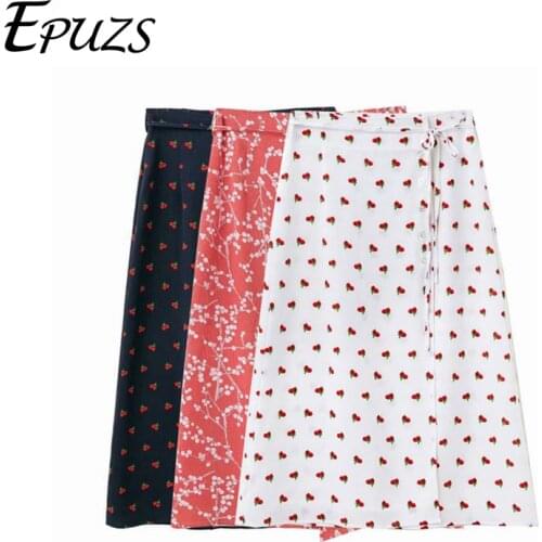 Summer wrap midi skirts womens vintage korean floral cherry a line boho skirts women long skirt streetwear 2019 jupe femme