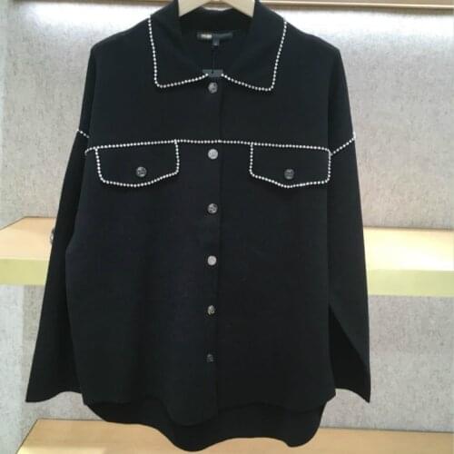 Womens black knitted coat jacket with diamonds V-neck puff sleeve French luxury brand casual loose cardigan top women