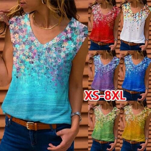 Womens Fashion Summer Clothes Casual Sleeveless Loose Floral Tops V-neck Camisoles Ladies Cotton T-shirt Blouse Beach Shirt