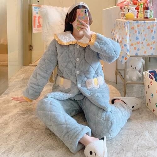 Women Autumn Winter Warm Home Clothes Pajama Set Three Layers Of Cotton Coral Velvet Thick Flannel Long Sleeve Sleepwear Suit