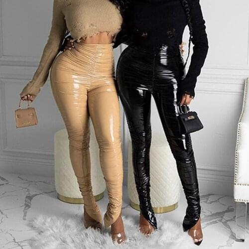Pink Faux Leather Stacked Pants Side Split Ruched High Waist Pencil Pants Spring Autumn Women Clothing Bodycon Party Trousers