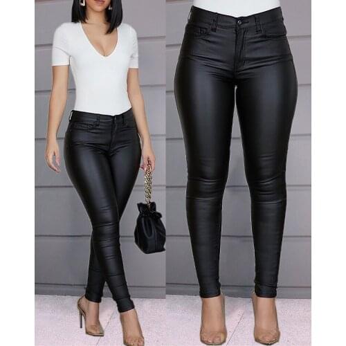 2020 Women Sexy Skinny Solid Fashion Pants Female Leisure Leather Party Pants Solid Buttoned Casual Coated PU Pants