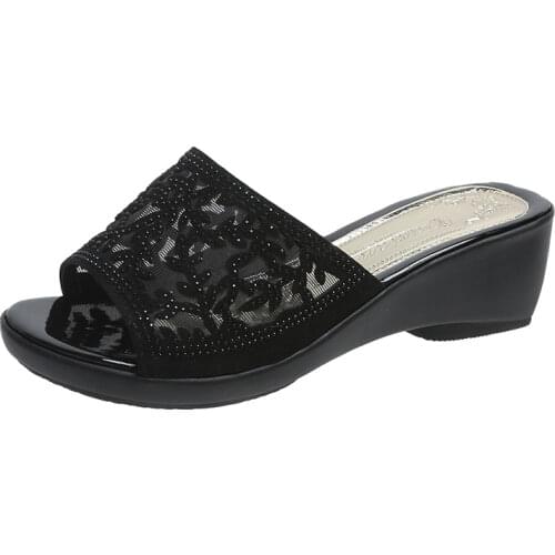 Womens Open Toe Slippers Rhinestone Decor Breathable Chic Comfy Wedge Heel Slippers
