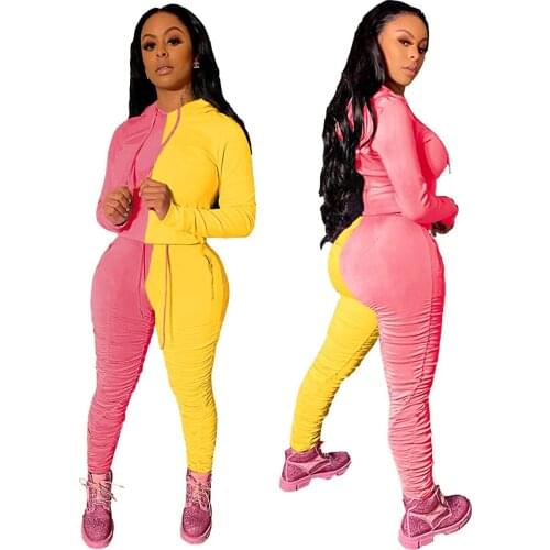 S-XXL Jogging Suits for Women Color Block Sport Long Sleeve Hoodie Stacked Pants Casual Tracksuit Set