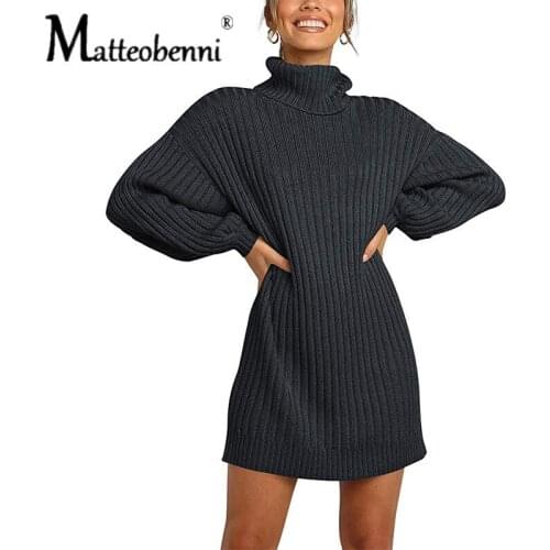 Women Winter Pullover Dresses Turtleneck Long Lantern Sleeve Casual Loose Soft Sweater Knit Dress Black femme Knitwear vestidos