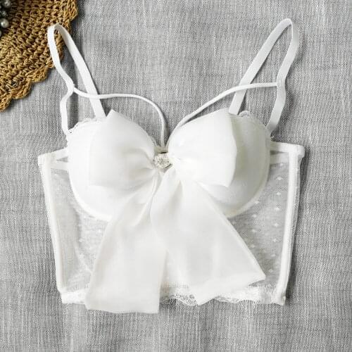 Fairy Grunge White Top Bow Lace Mesh Crop Top Bustier Women Sexy Perspective Corset Bra Party Fashion Clothes