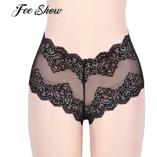 Women Adult Lingerie Lace Mesh Brief Sissy Panties Sexy See-through Underwear Mid-waist Boxer Briefs Knickers Tanga Female Thong
