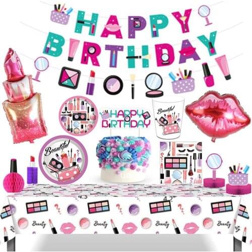 126Pcs Cosmetics Party Girls Birthy Party Supplies Disposable Tableware Plates Cup Napkins Girls Party Decoration Dinners Set